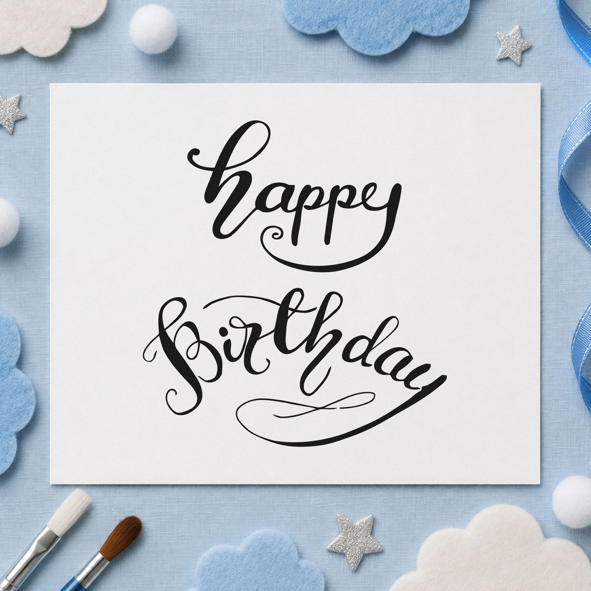 Happy Birthday Curved Script rubber stamp printed in black ink, ready for arched word cards and similar paper crafts.