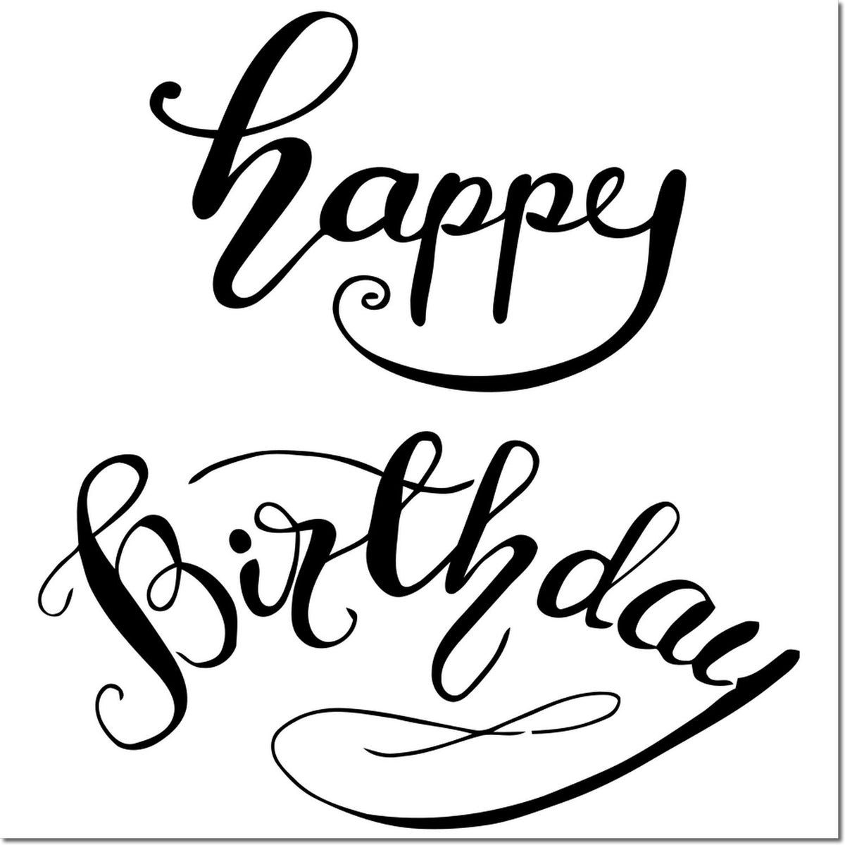 Black script happy birthday stamp and seal design with elegant swirls on a white background.