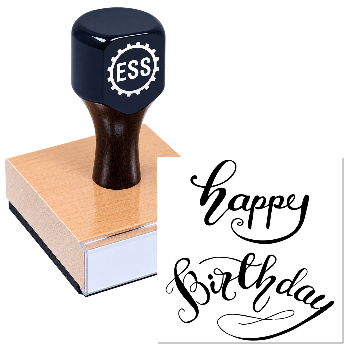 Black custom stamp with ESS logo on a pink wooden base, displaying decorative black "happy Birthday" seal text.