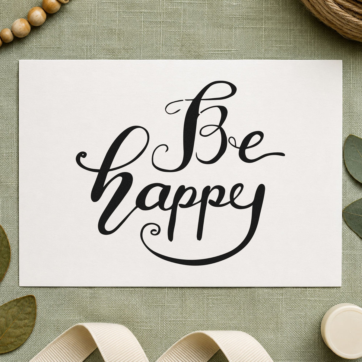 Be Happy Flowing Script craft stamp in black ink on cardstock, an easy option for slow day album page.