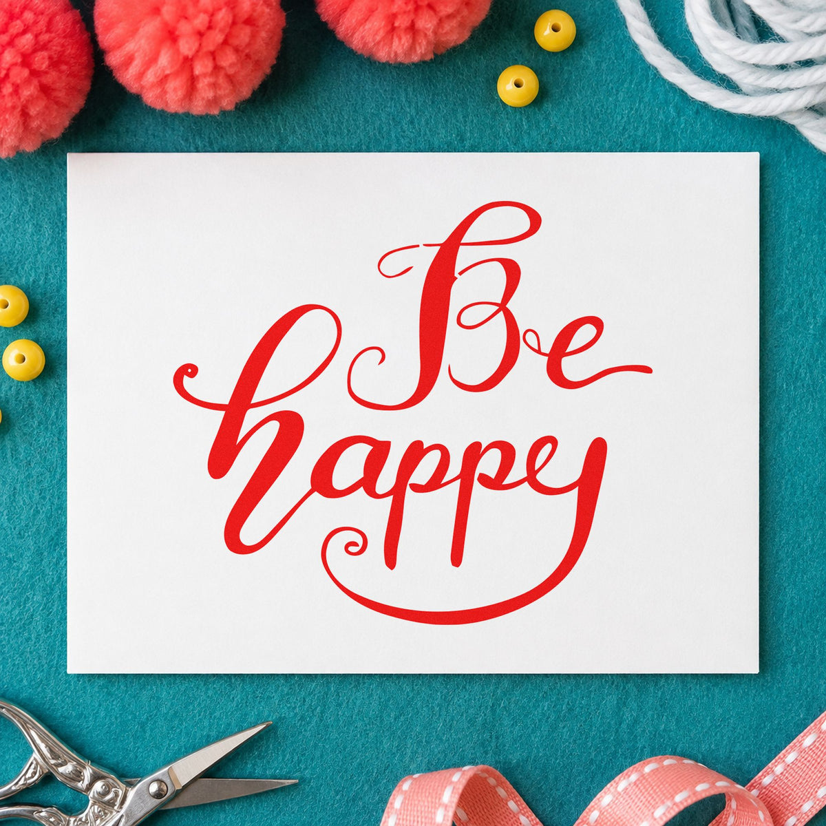 Be Happy Flowing Script rubber stamp shown in red ink, stamped for projects such as basket product labels.