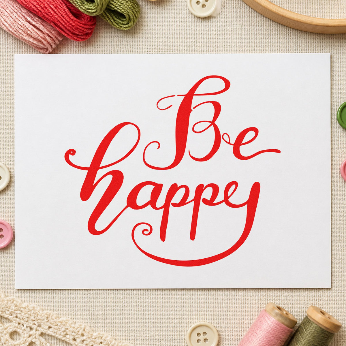 Be Happy Flowing Script craft stamp imprint in red ink on a handmade project, one idea being small treat cards.