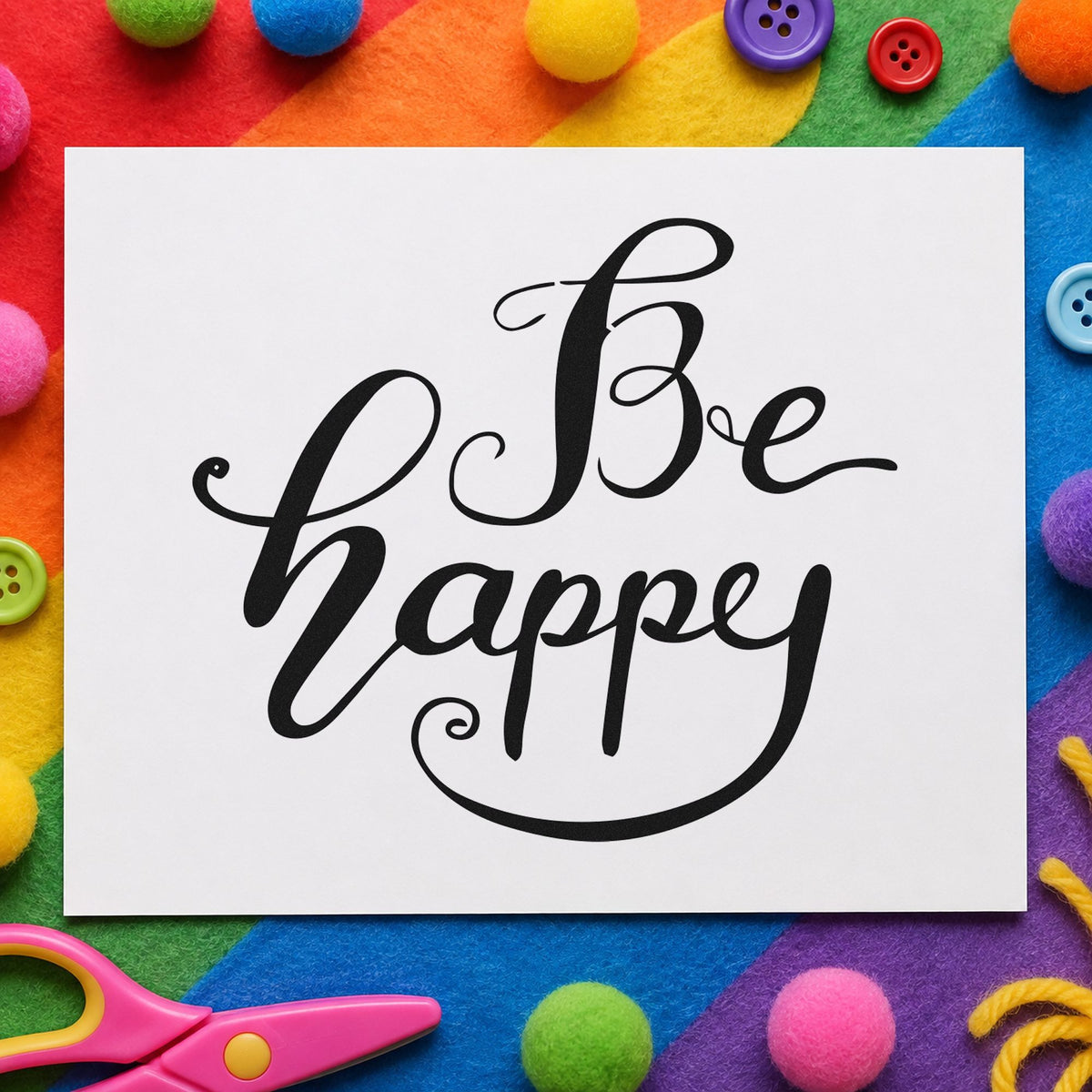 Be Happy Flowing Script rubber stamp printed in black ink, ready for sweeping curve cards and similar paper crafts.