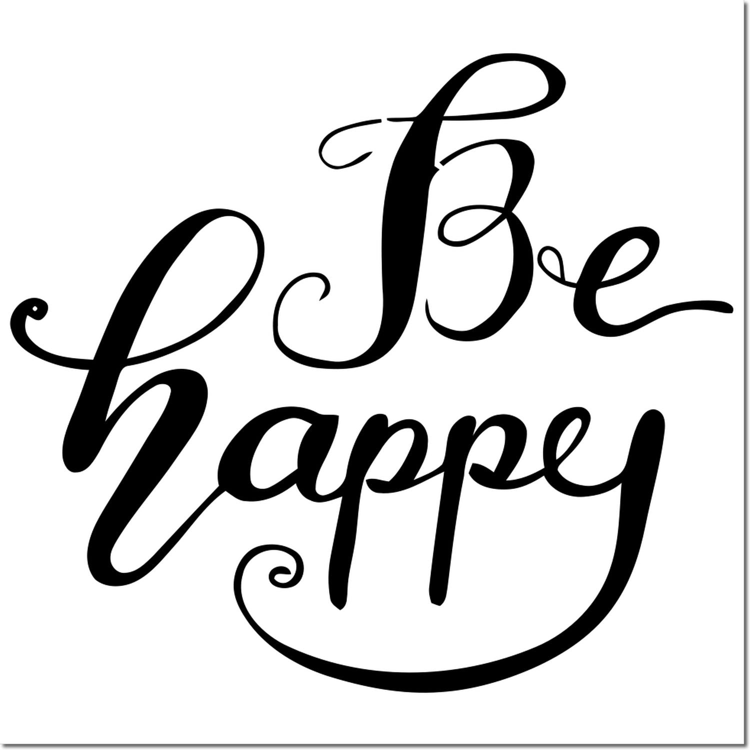 Black cursive Be happy stamp and seal design in black on a white background with decorative swirls.