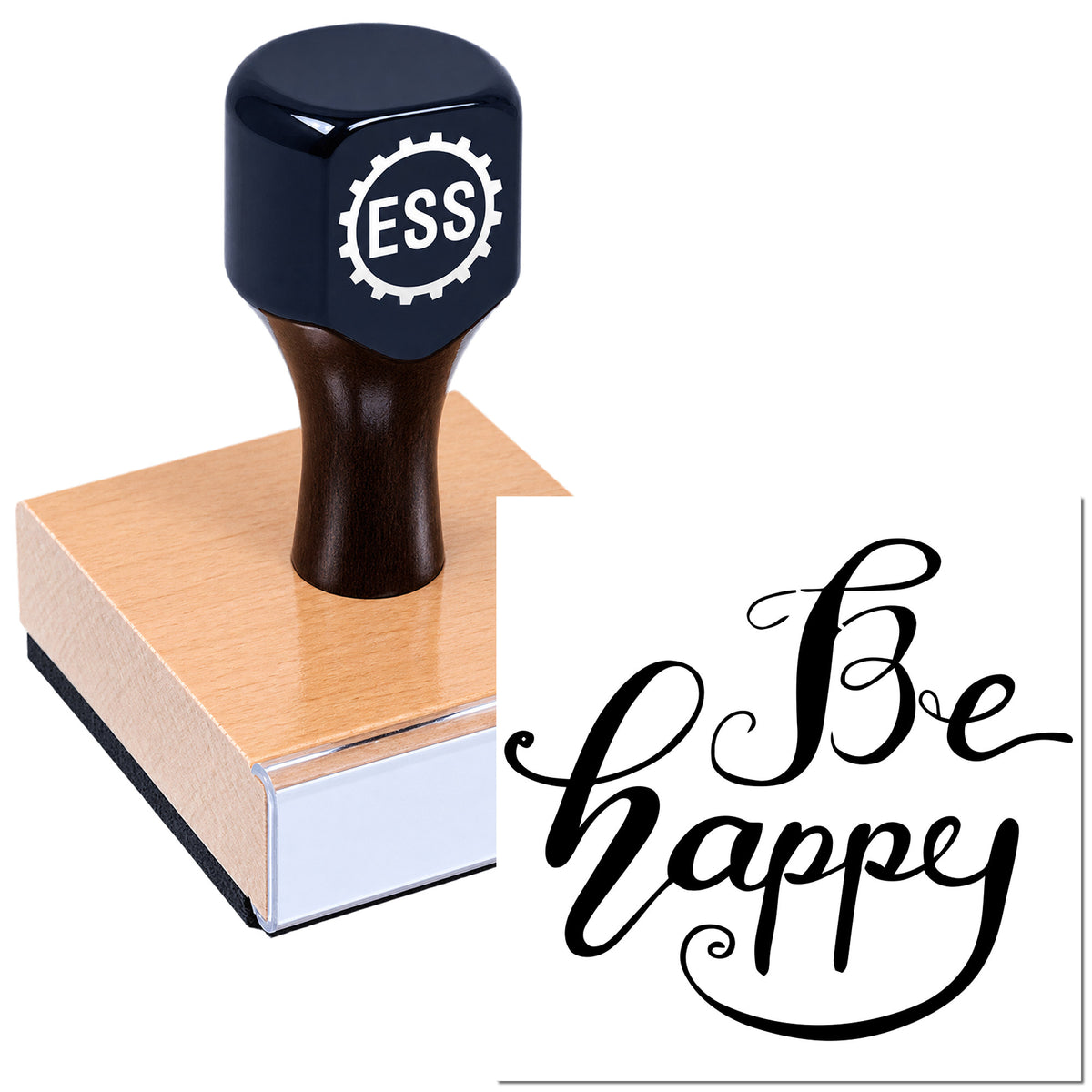 Black ESS custom rubber stamp with copper base and Be Happy calligraphy seal on white background.