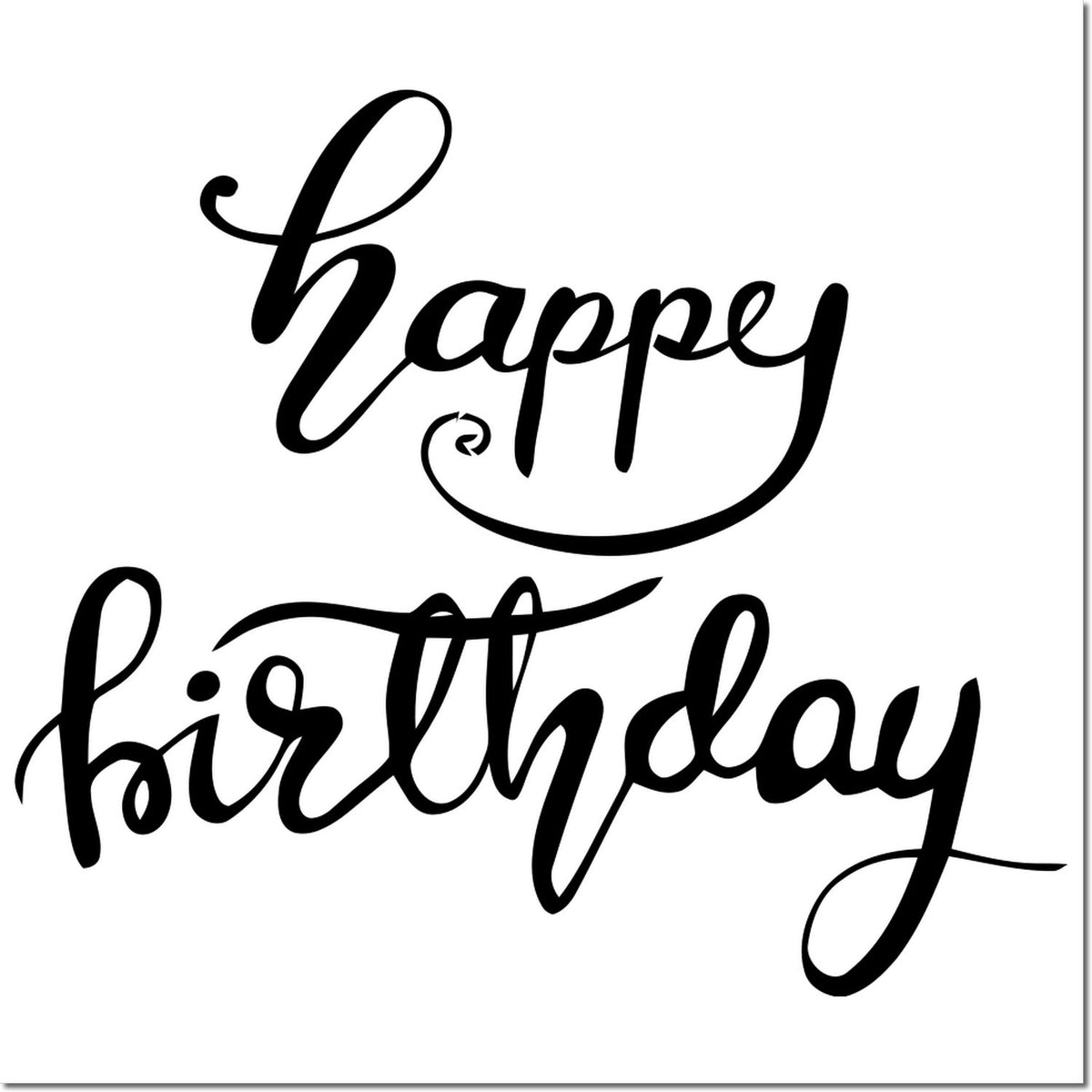 Black cursive happy birthday stamp and seal design on white background with decorative swashes.