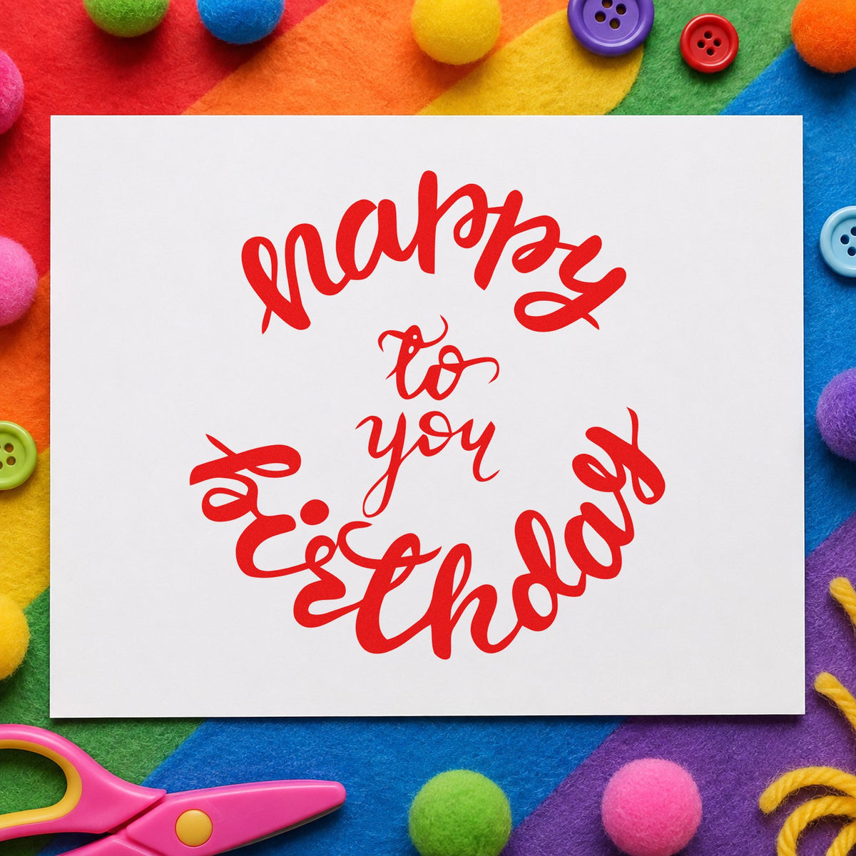 Happy Birthday Circular Script rubber stamp shown in red ink, stamped for projects such as bin glass labels.