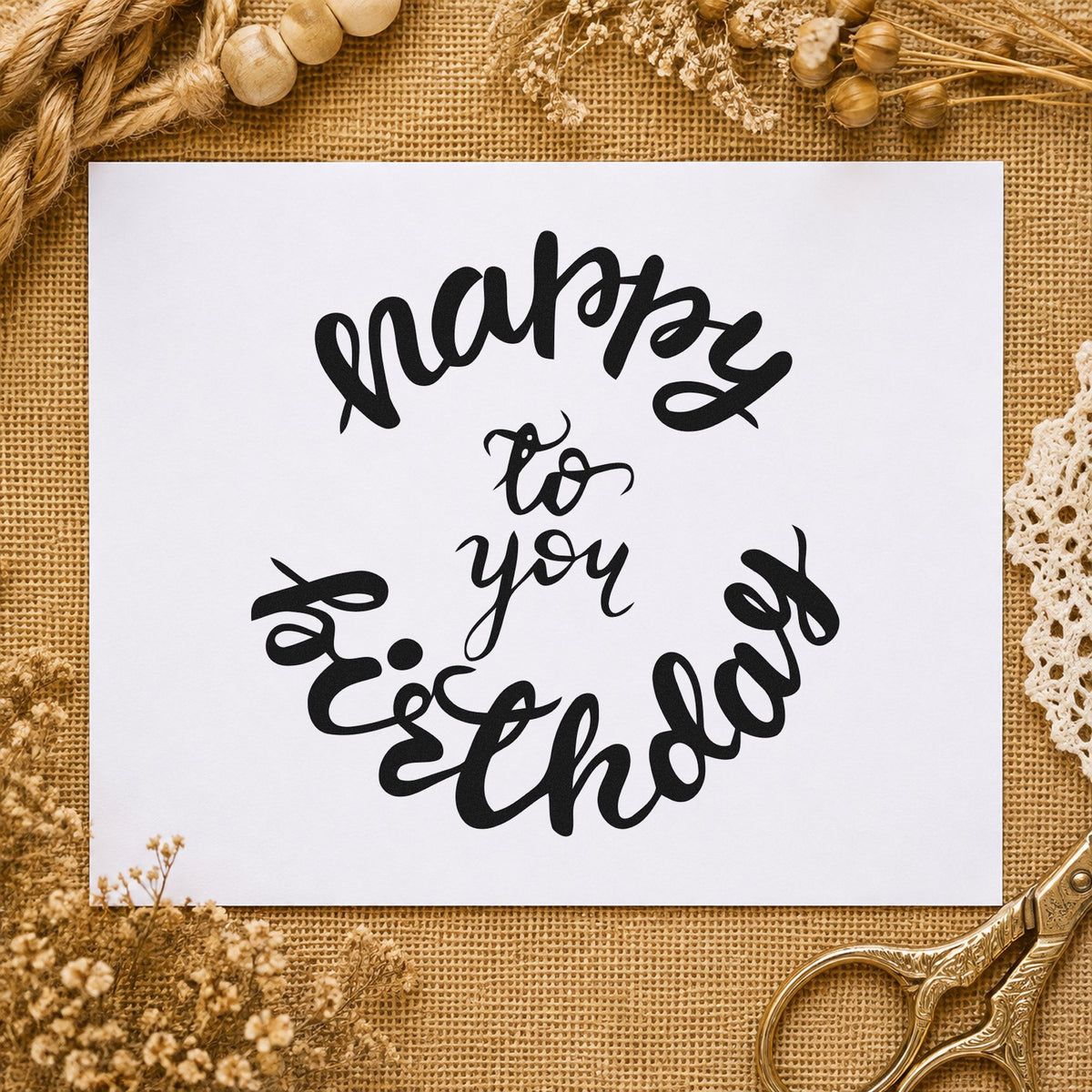 Happy Birthday Circular Script rubber stamp printed in black ink, ready for circular word cards and similar paper crafts.