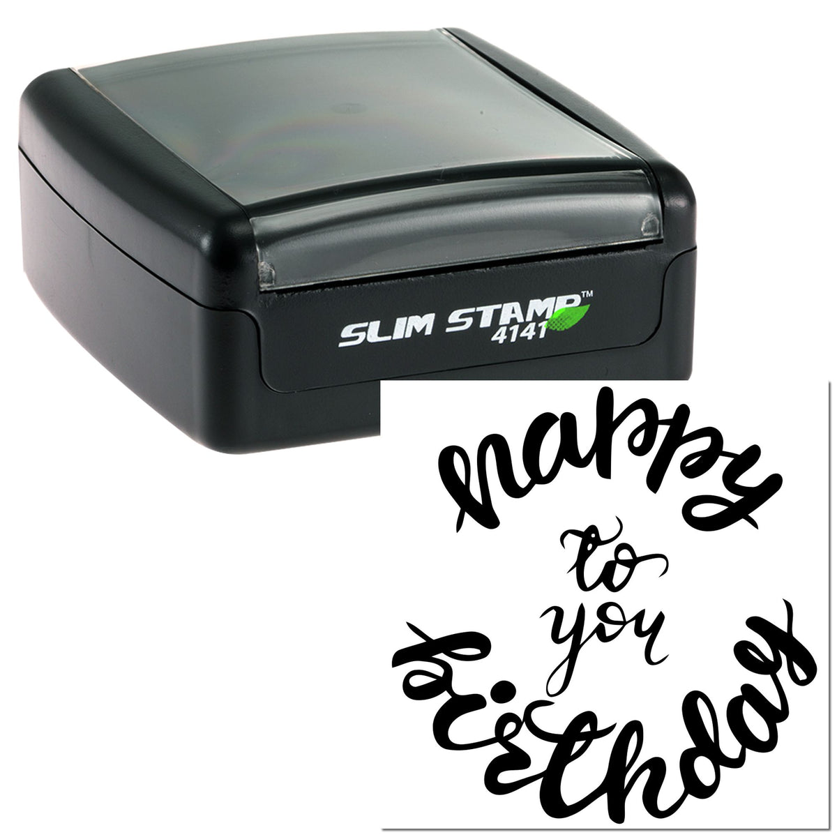 Black slim self-inking stamp with gray cap and bold script seal reading thank you so much.