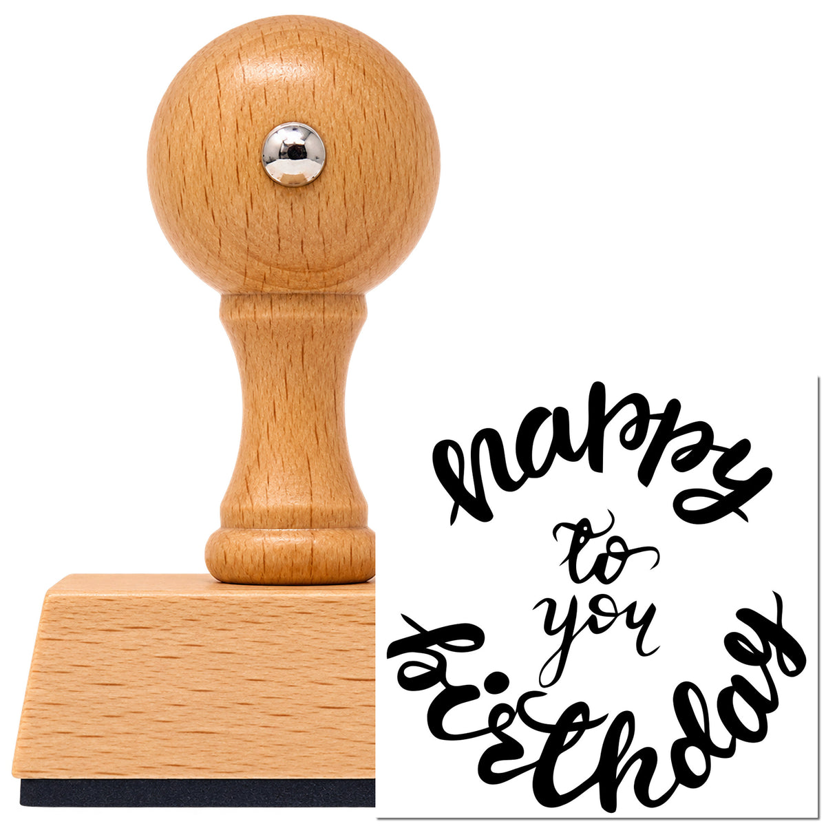 Vintage Pro beech wood stamp with a round knob handle, shown with its black Happy Birthday Circular Script imprint on white.