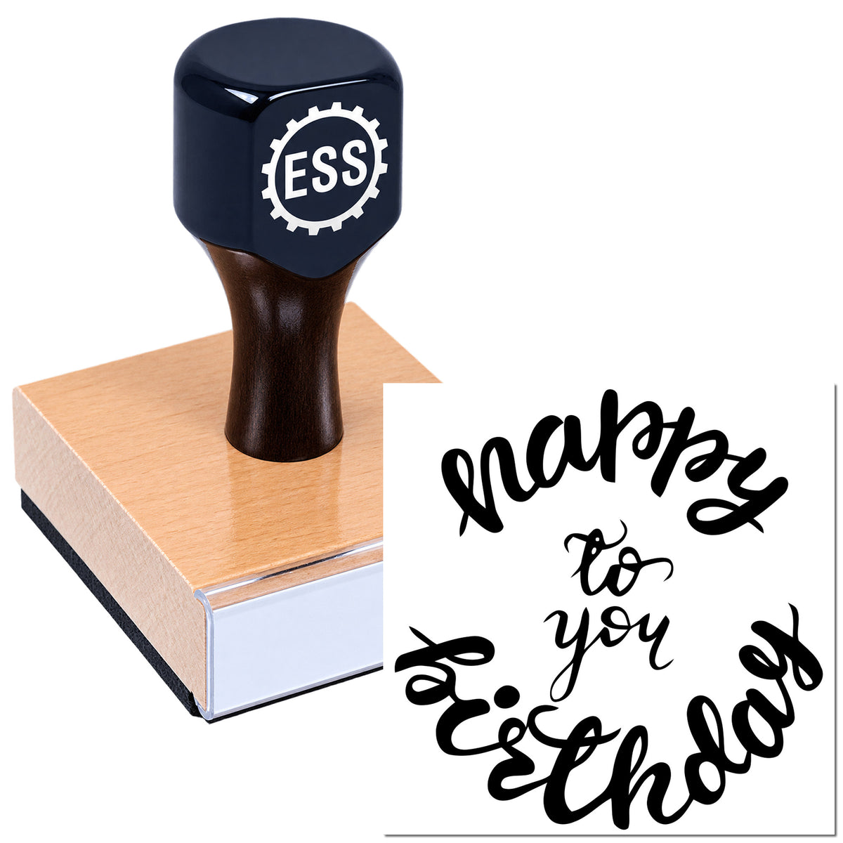 Black ESS rubber stamp on pink wooden block beside custom calligraphy seal reading "happy to you"