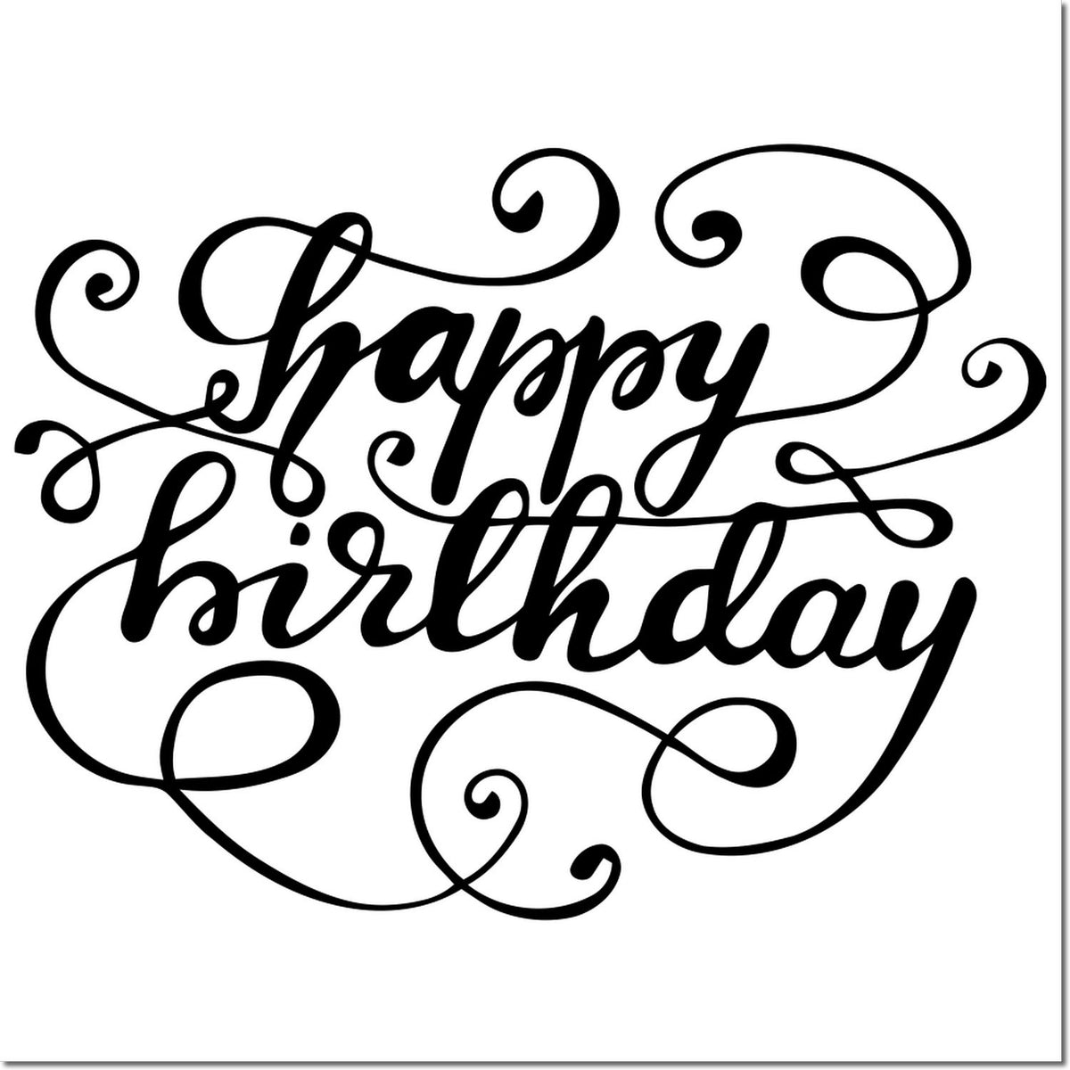 Black happy birthday stamp/seal design with ornate script and swirling flourishes on a white background.