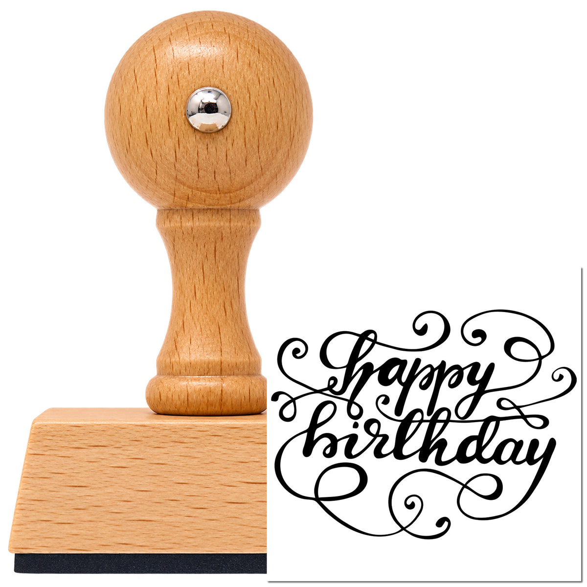 Vintage Pro beech wood stamp with a round knob handle, shown with its black Happy Birthday Ornate Loops imprint on white.