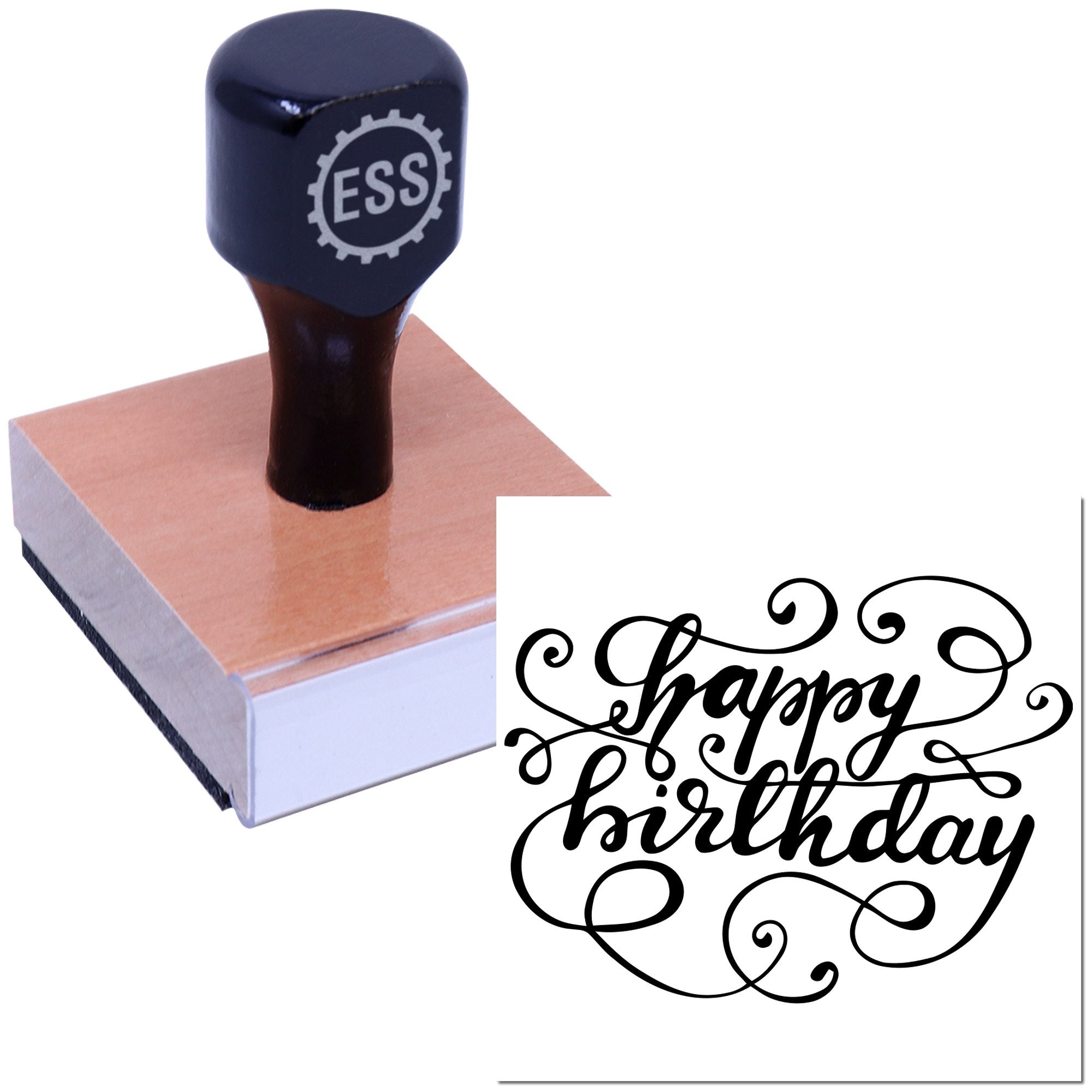Dark navy ESS stamp and copper seal block with black Happy Birthday script emblem
