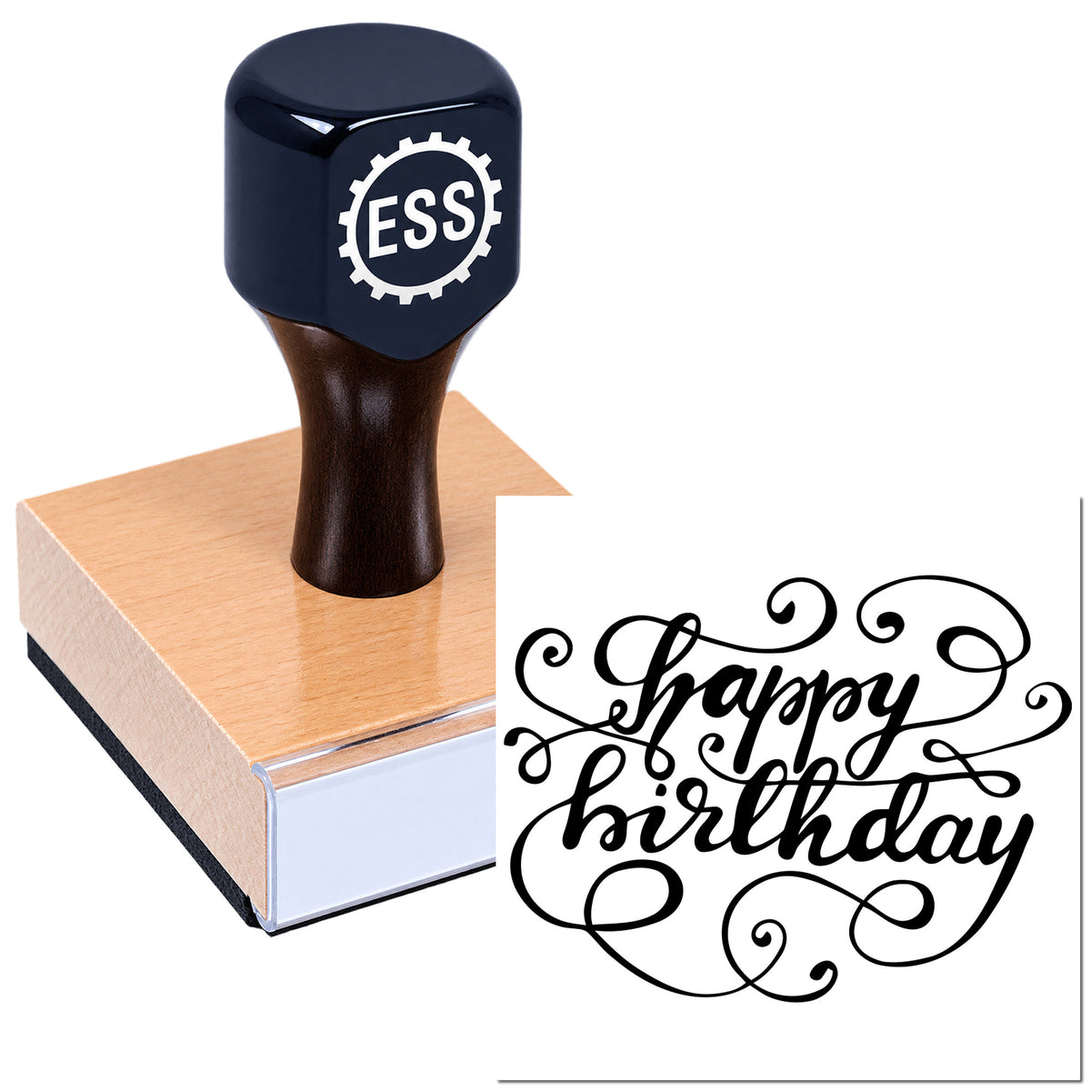 Dark navy ESS stamp and copper seal block with black "Happy Birthday" script emblem