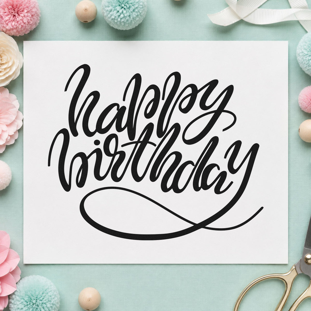 Happy Birthday Loop Underline craft stamp in black ink on cardstock, an easy option for jazz night album page.