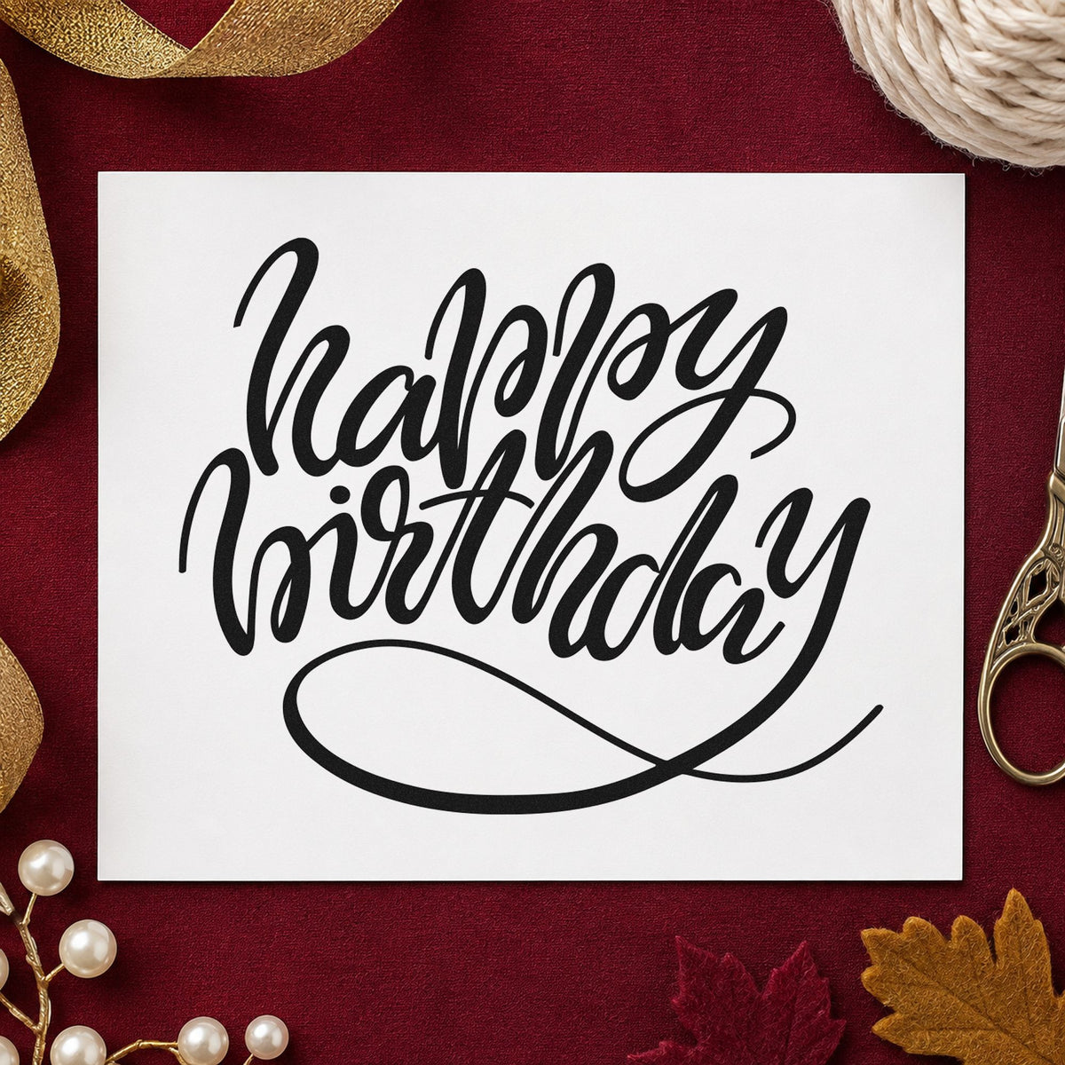 Happy Birthday Loop Underline craft stamp imprint in black ink on a handmade project, one idea being table favor gift tags.
