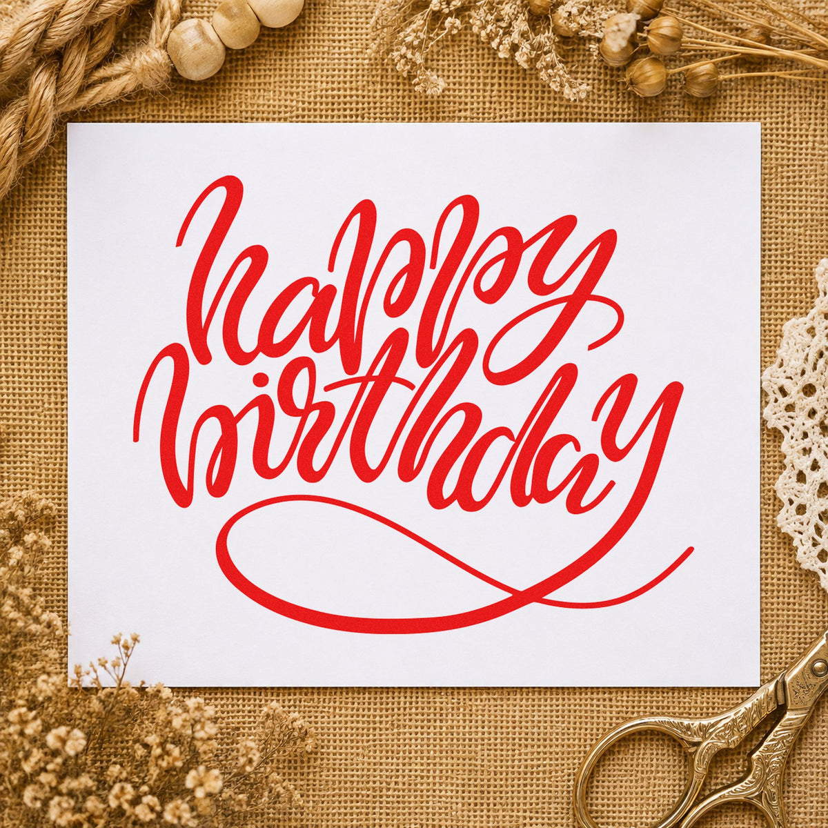 Happy Birthday Loop Underline rubber stamp shown in red ink, stamped for projects such as bin sound labels.