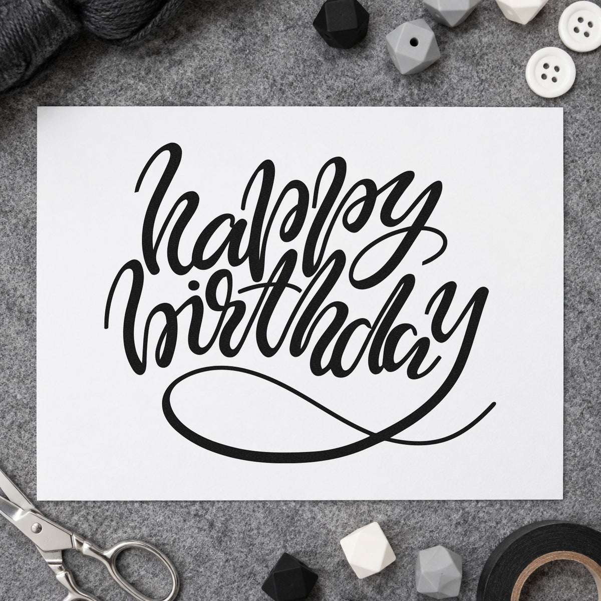 Happy Birthday Loop Underline rubber stamp printed in black ink, ready for looped underline cards and similar paper crafts.