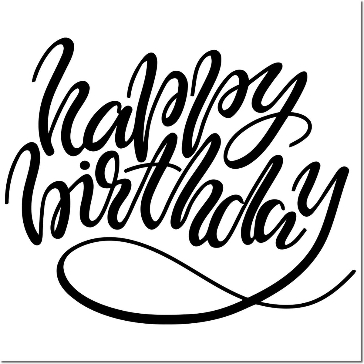 Black Happy Birthday stamp and seal design in elegant black script with swirls on a white background.