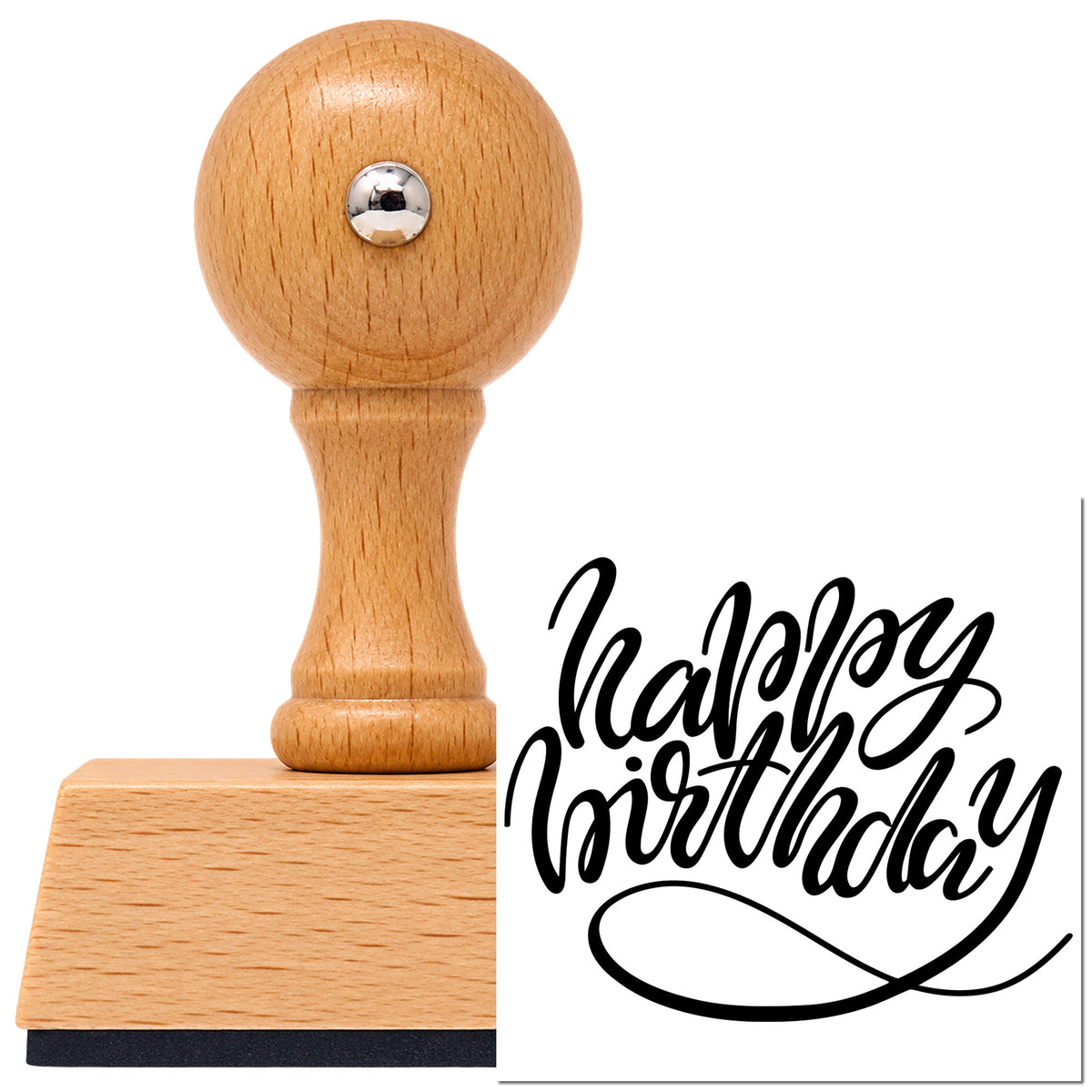 Vintage Pro beech wood stamp with a round knob handle, shown with its black Happy Birthday Loop Underline imprint on white.