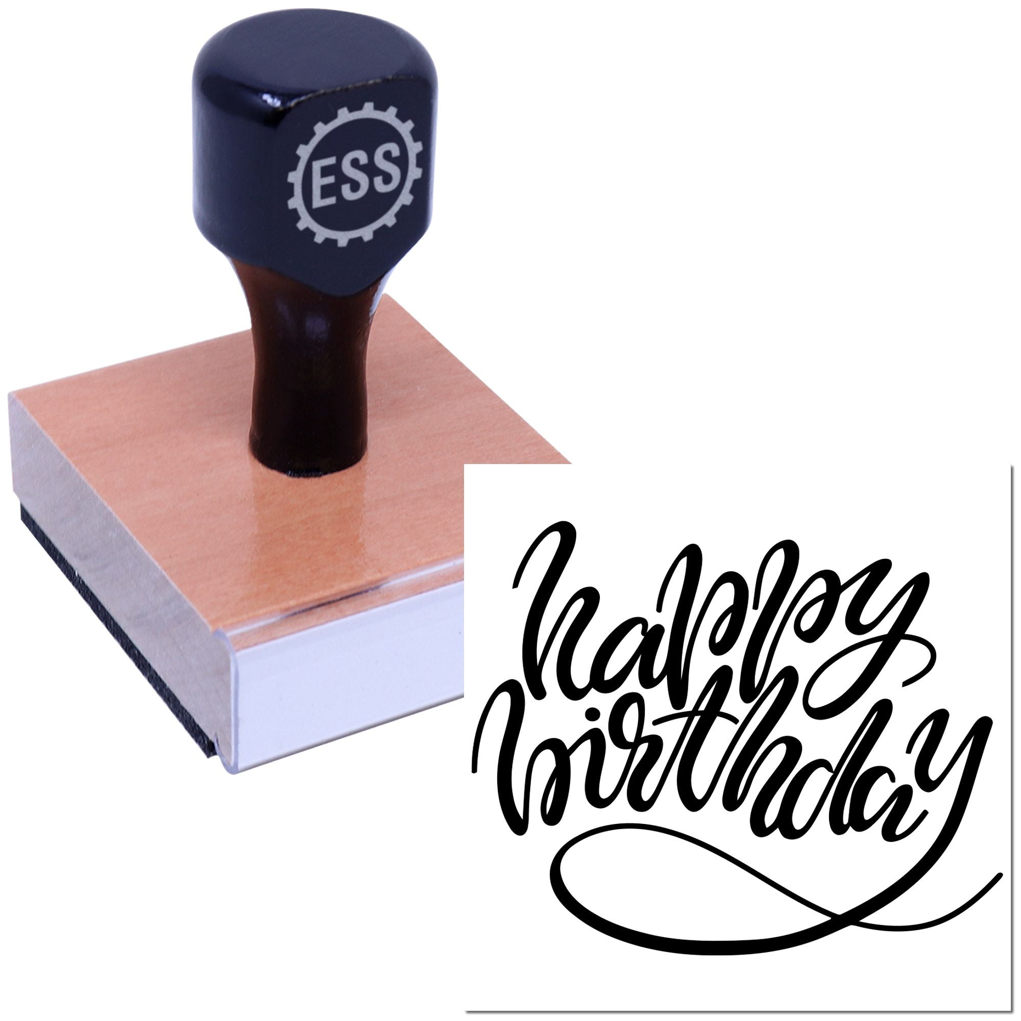 Navy ESS stamp seal on pink block with black Happy Birthday calligraphy impression