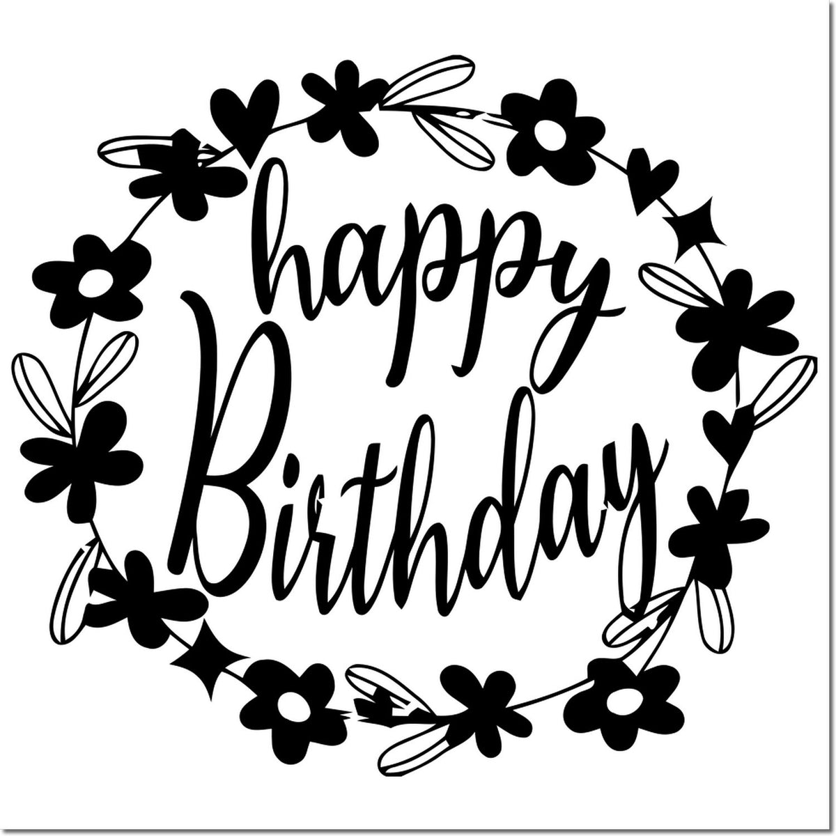 Black happy birthday stamp seal with floral wreath, hearts, and stars in bold script.