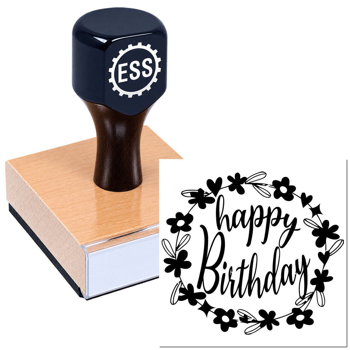 Navy self-inking stamp on wood block, showing a black floral Happy Birthday seal impression with ESS logo.
