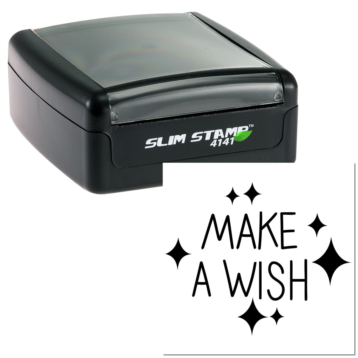 Black Slim Stamp 4141 self-inking stamp with translucent gray top and Make a Wish seal design