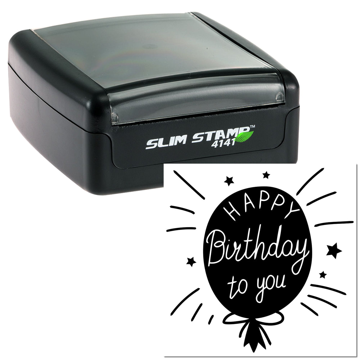 Black Slim Stamp 4141 with clear cover and birthday balloon seal, white lettering and starburst accents.