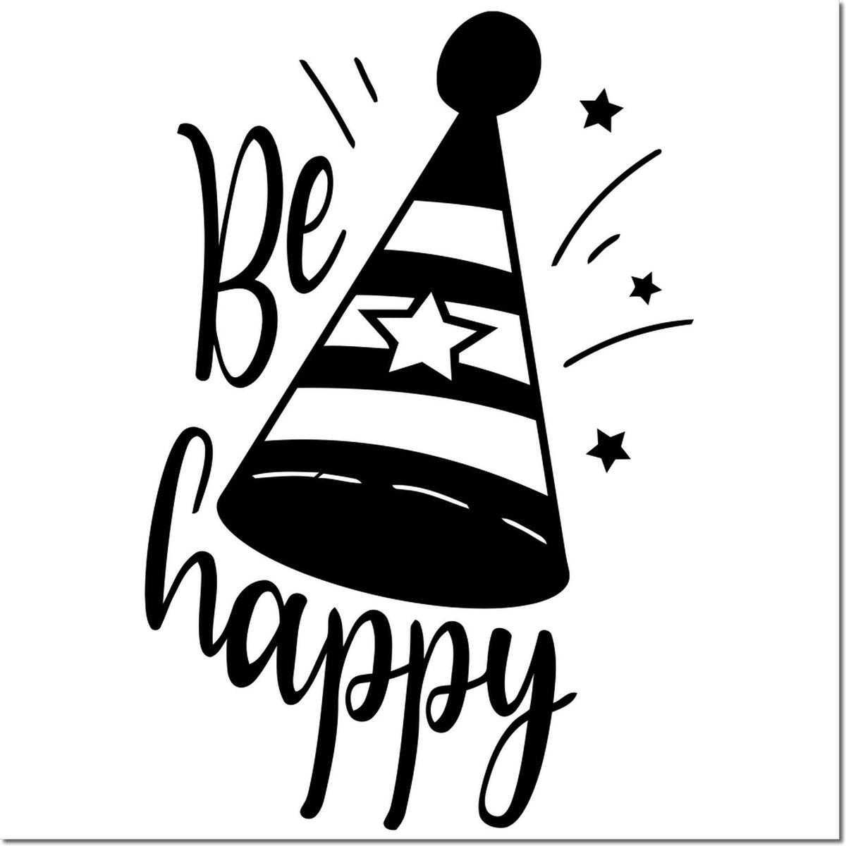 Black Be Happy stamp and seal design with black party hat, stars, and white background.