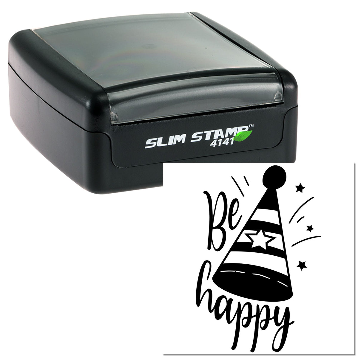 Black slim self-inking stamp and seal with clear top, showing a Be happy party-hat design in black.