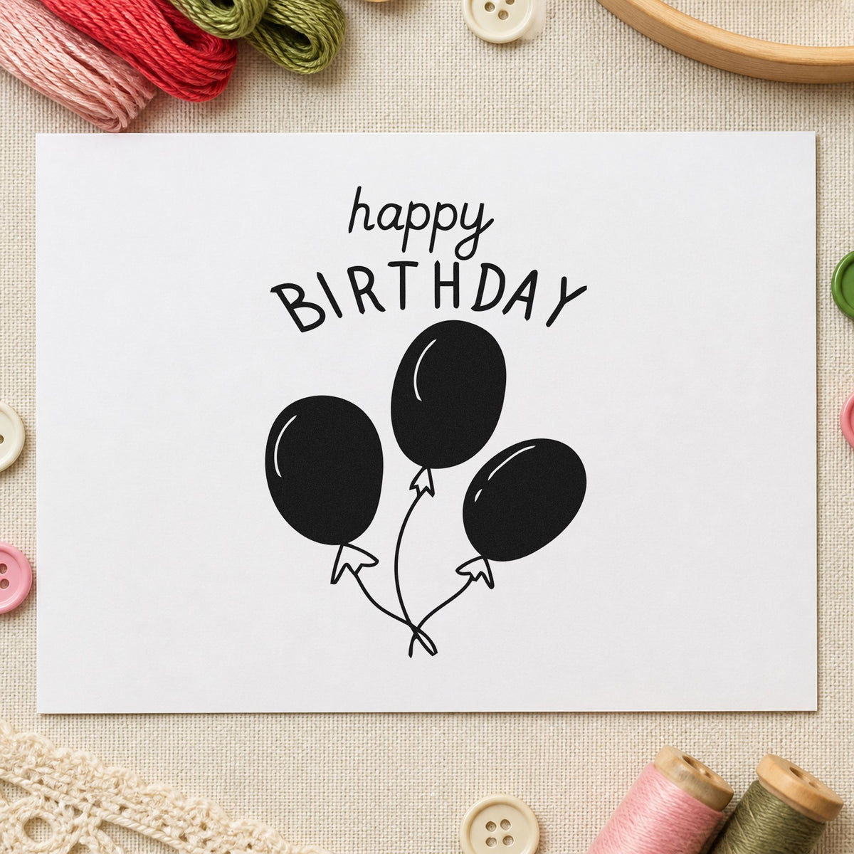 Birthday Three Balloon Bouquet craft stamp in black ink on cardstock, an easy option for shop year album page.