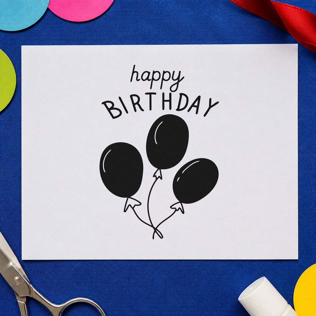 Birthday Three Balloon Bouquet craft stamp imprint in black ink on a handmade project, one idea being product gift tags.