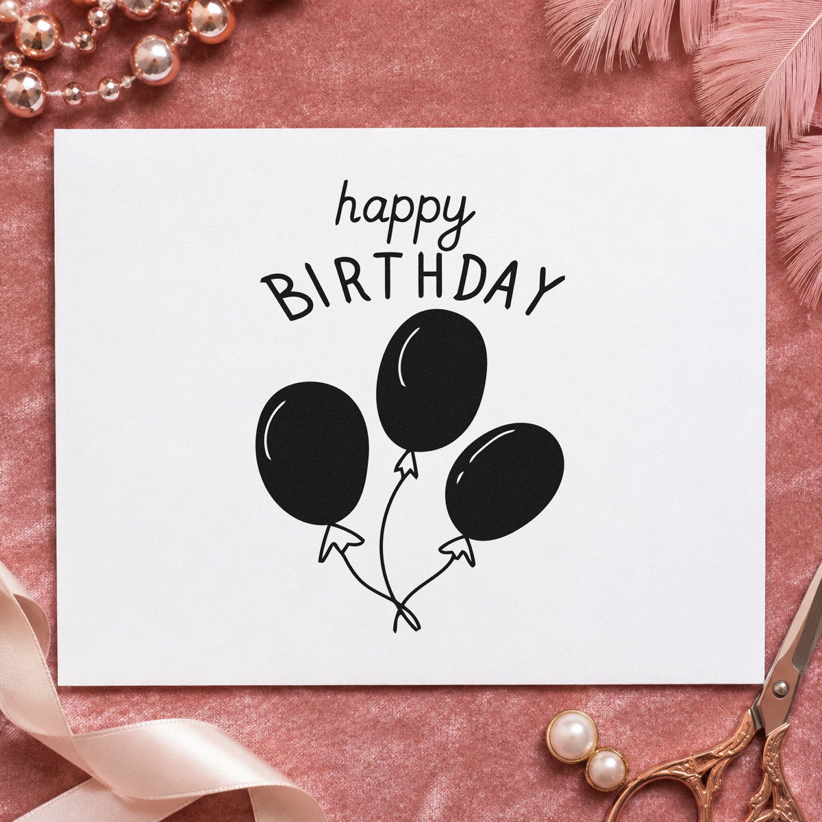 Birthday Three Balloon Bouquet rubber stamp printed in black ink, ready for chair book sheet and similar paper crafts.