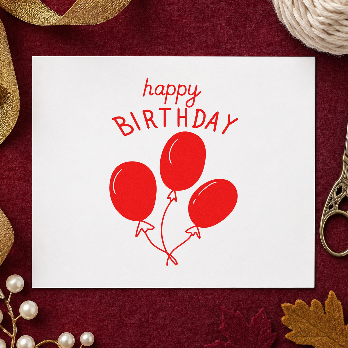 Birthday Three Balloon Bouquet rubber stamp shown in red ink, stamped for projects such as drawer clipper labels.