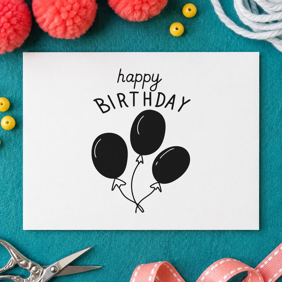 Birthday Three Balloon Bouquet rubber stamp printed in black ink, ready for tied string cards and similar paper crafts.