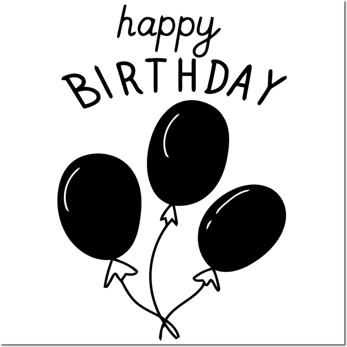 Black happy birthday stamp and seal with three balloons on a white background.