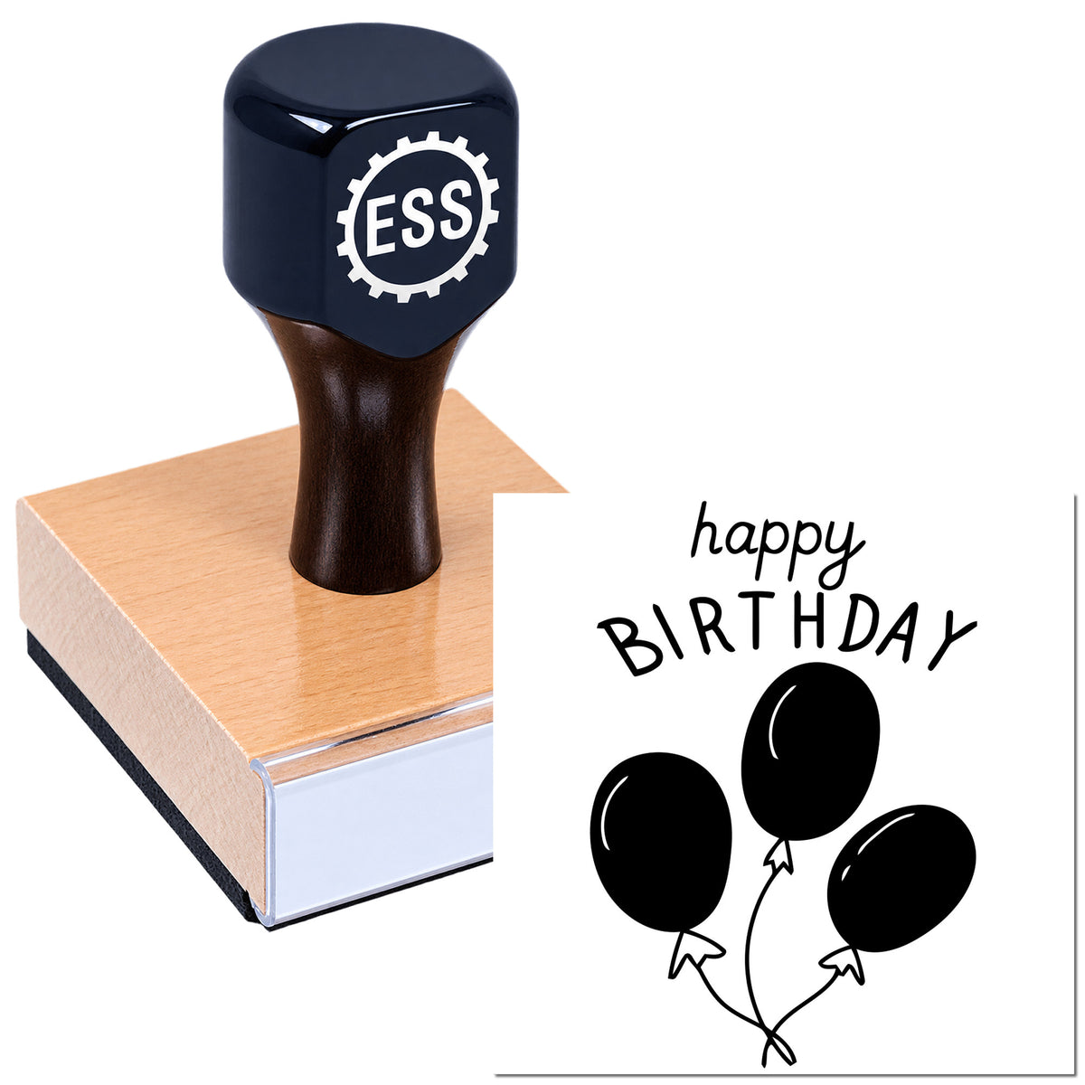 Dark blue ESS rubber stamp on a wood base beside a black "happy BIRTHDAY" balloon seal design on white.