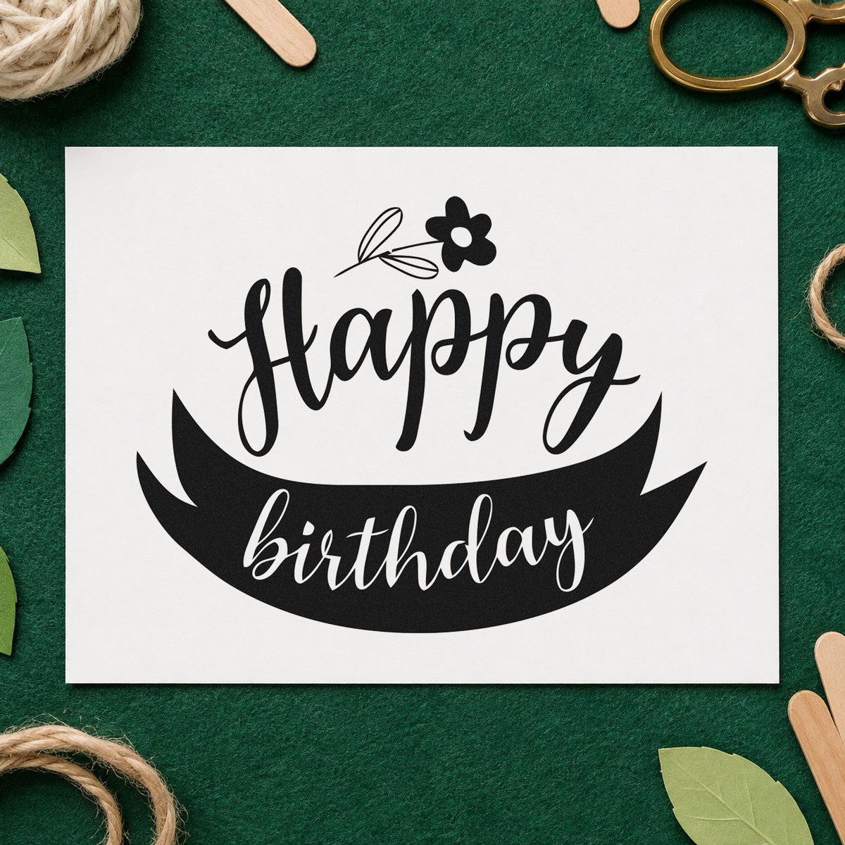 Happy Birthday Flower Ribbon craft stamp in black ink on cardstock, an easy option for cutting garden album page.