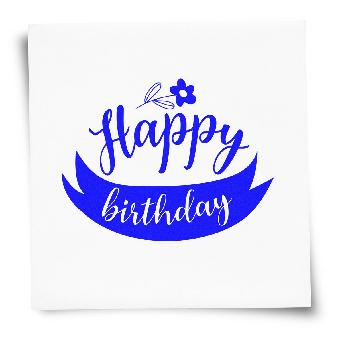 Happy Birthday Flower Ribbon rubber stamp shown in blue ink, stamped for projects such as cutting garden album page.