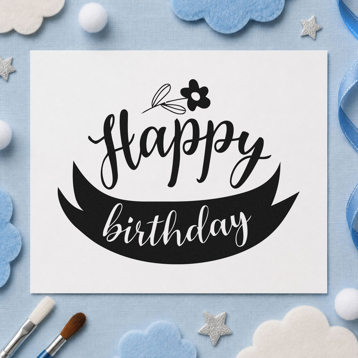 Happy Birthday Flower Ribbon rubber stamp printed in black ink, ready for curved ribbon cards and similar paper crafts.