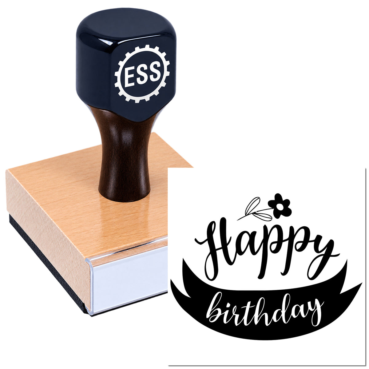 Black ESS rubber stamp with copper pad and Happy Birthday seal design in black script and flower accent.