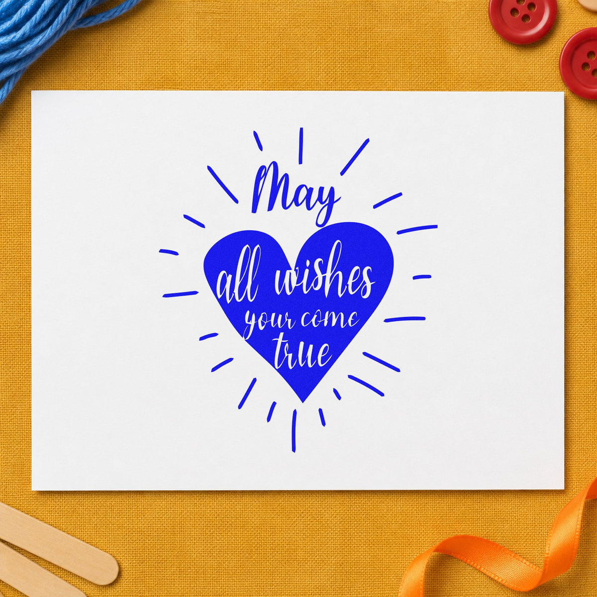 May Wishes Come True craft stamp in blue ink on cardstock, an easy option for table runner printing.