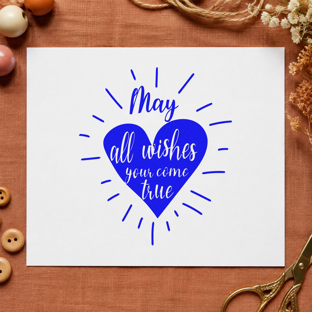 May Wishes Come True craft stamp imprinted in blue ink on paper, a design suited to framed foyer wall.
