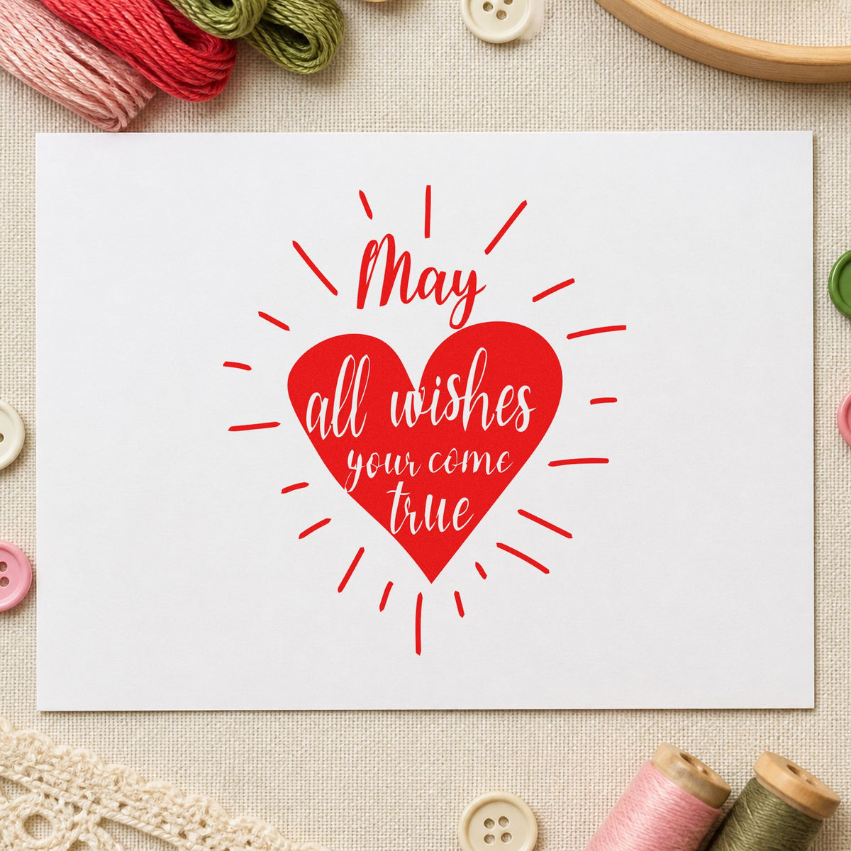 May Wishes Come True craft stamp imprint in red ink on a handmade project, one idea being blessing note cards.