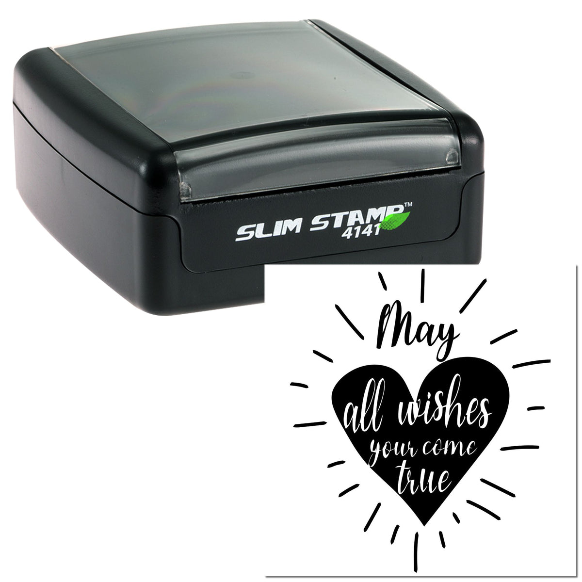 Black and gray Slim Stamp self-inking seal with heart design and white May all wishes come true text.