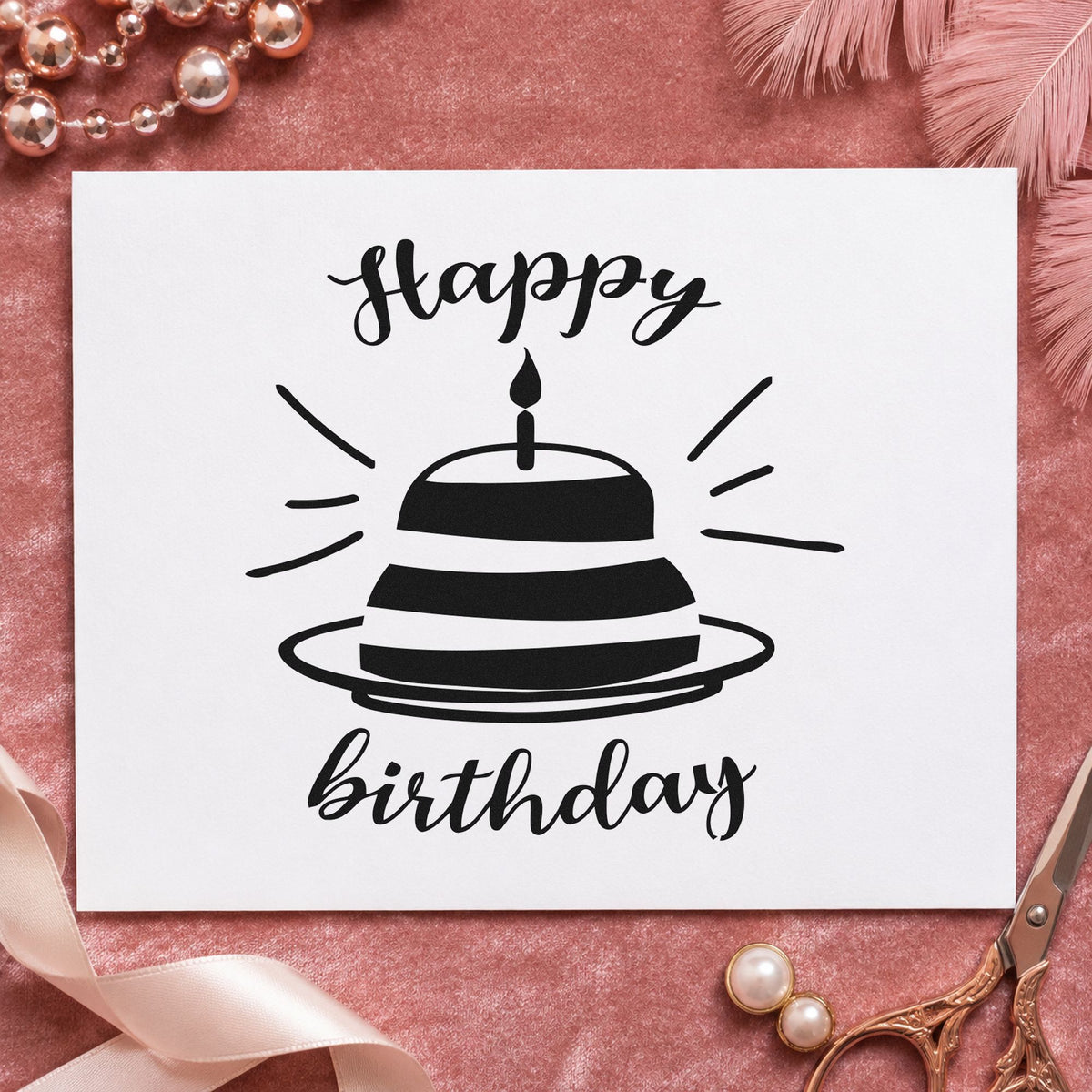 Happy Birthday Cake Rays craft stamp in black ink on cardstock, an easy option for first year album page.