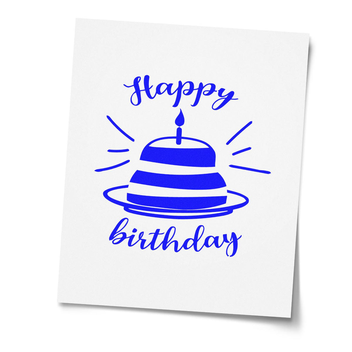 Blue Happy Birthday cake stamp and seal design with candle and rays on white paper background.