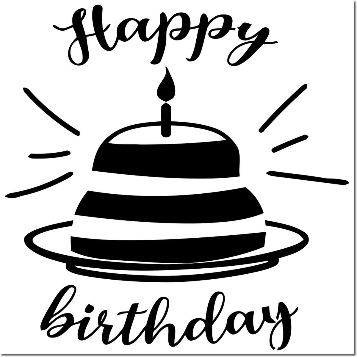 Black happy birthday stamp and seal with cake, candle, and rays for cards or crafts.